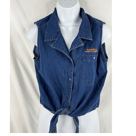 Tops - Harley Davidson Women's Denim Crop Top Tie Waist Snap Front Top Size Medium